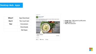 Social Media
as media channel
• Image size: 1200 pixels by 628 pixels
• Image ratio: 1.9:1
• Text: 90 characters
Desktop Mob. Apps
When? App Download
Don`t Too much text
Yes! Conversion
Downloads
Sell Apps
 