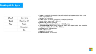Social Media
as media channel• Video: H.264 video compression, high profile preferred, square pixels, fixed frame
rate, progressive scan
• Format: .MP4 container
• Audio: Stereo AAC audio compression, 128kbps + preferred
• Aspect Ratios Supported: 9:16 to 16:9
• Length: 240 minutes maximum
• Recommended resolution: Minimum width 600 pixels
• Thumbnail image ratio: Should match the aspect ratio of your video. Your thumbnail
image may not include more than 20% text.
• File size: Up to 4GB maximum
• Text: 125 characters
• Headline: 25 characters
• Link description: 30 characters
Desktop Mob. Apps
When? Every time
Don`t More than 30’
Yes! Reach
Conversion
Etc
 