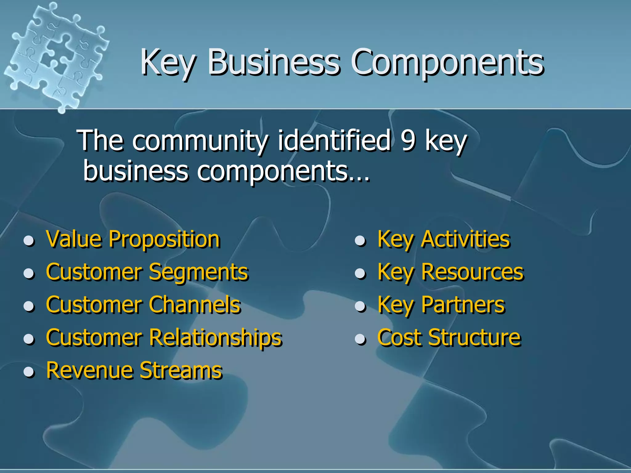 Key Business Components

      The community identified 9 key
      business components…

   Value Proposition           Key Activities
   Customer Segments           Key Resources
   Customer Channels           Key Partners
   Customer Relationships      Cost Structure
   Revenue Streams
 