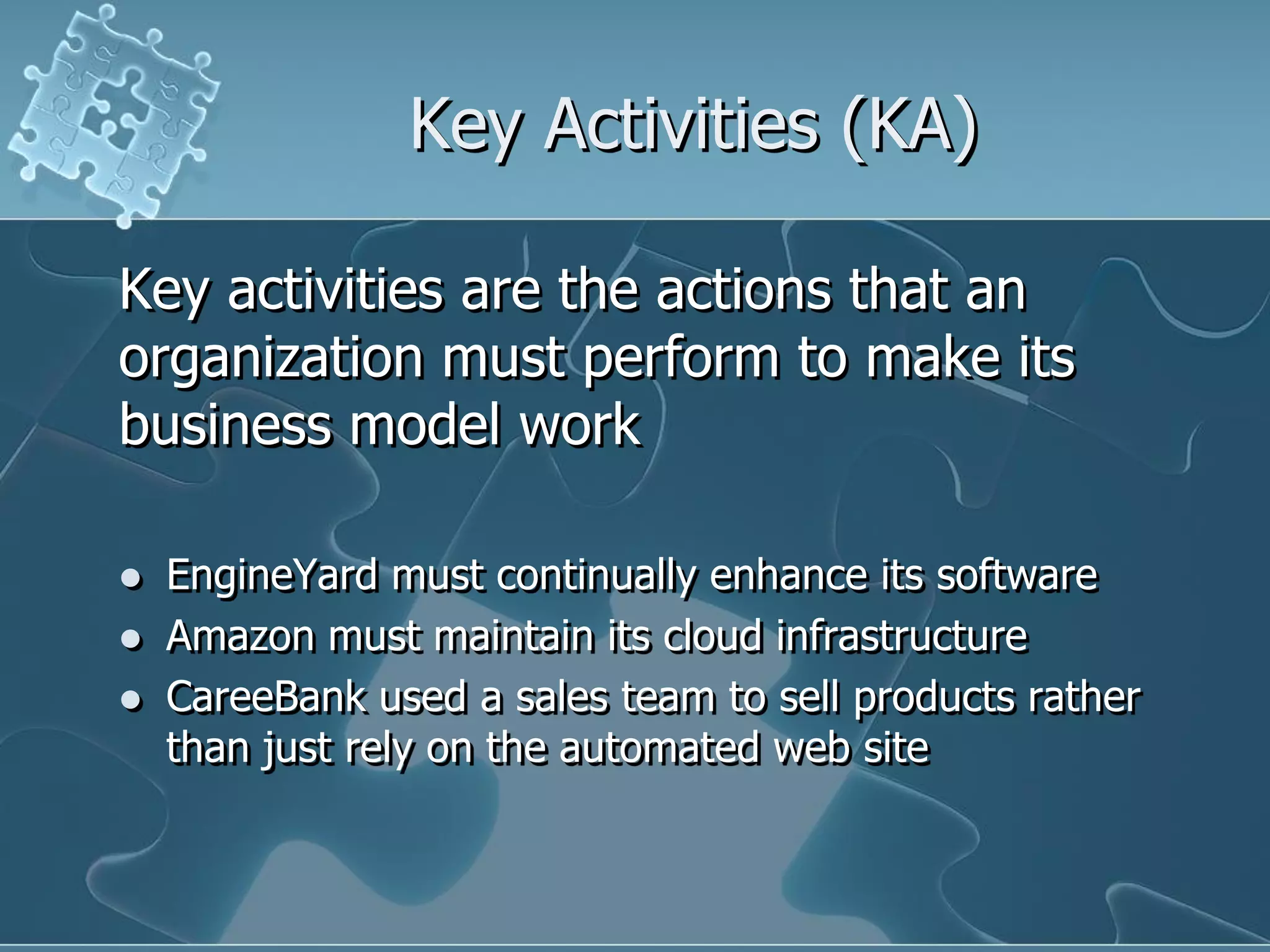 Key Activities (KA)

Key activities are the actions that an
organization must perform to make its
business model work

   EngineYard must continually enhance its software
   Amazon must maintain its cloud infrastructure
   CareeBank used a sales team to sell products rather
    than just rely on the automated web site
 
