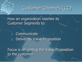Customer Channels (CC)

How an organization reaches its
Customer Segments to:

  1.   Communicate
  2.   Deliver its Value Proposition

Focus is on getting the Value Proposition
to the customer
 
