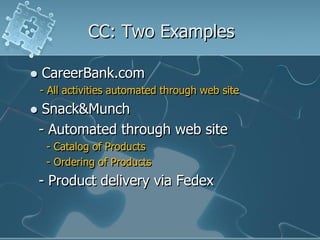 CC: Two Examples

   CareerBank.com
    - All activities automated through web site
    Snack&Munch
    - Automated through web site
     - Catalog of Products
     - Ordering of Products
    - Product delivery via Fedex
 