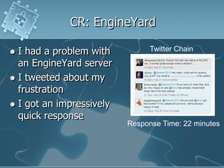 CR: EngineYard

 I had a problem with          Twitter Chain

  an EngineYard server
 I tweeted about my
  frustration
 I got an impressively
  quick response
                          Response Time: 22 minutes
 