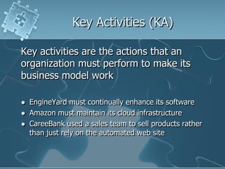 Key Activities (KA)

Key activities are the actions that an
organization must perform to make its
business model work

  ...