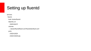 Setting up fluentd
services:
fluentd:
build: docker/fluentd
depends_on:
- elasticsearch
volumes:
- ./docker/fluentd/fluent.conf:/fluentd/etc/fluent.conf
ports:
- 24224:24224
- 24224:24224/udp
 
