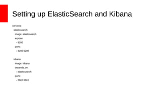 Setting up ElasticSearch and Kibana
services:
elasticsearch:
image: elasticsearch
expose:
- 9200
ports:
- 9200:9200
kibana:
image: kibana
depends_on:
- elasticsearch
ports:
- 5601:5601
 