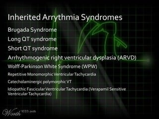 Brugada Syndrome
Long QT syndrome
Short QT syndrome
Arrhythmogenic right ventricular dysplasia (ARVD)
Wolff-ParkinsonWhite Syndrome (WPW)
Repetitive MonomorphicVentricularTachycardia
Catecholaminergic polymorphicVT
Idiopathic FascicularVentricularTachycardia (Verapamil Sensitive
VentricularTachycardia)
Inherited Arrythmia Syndromes
 