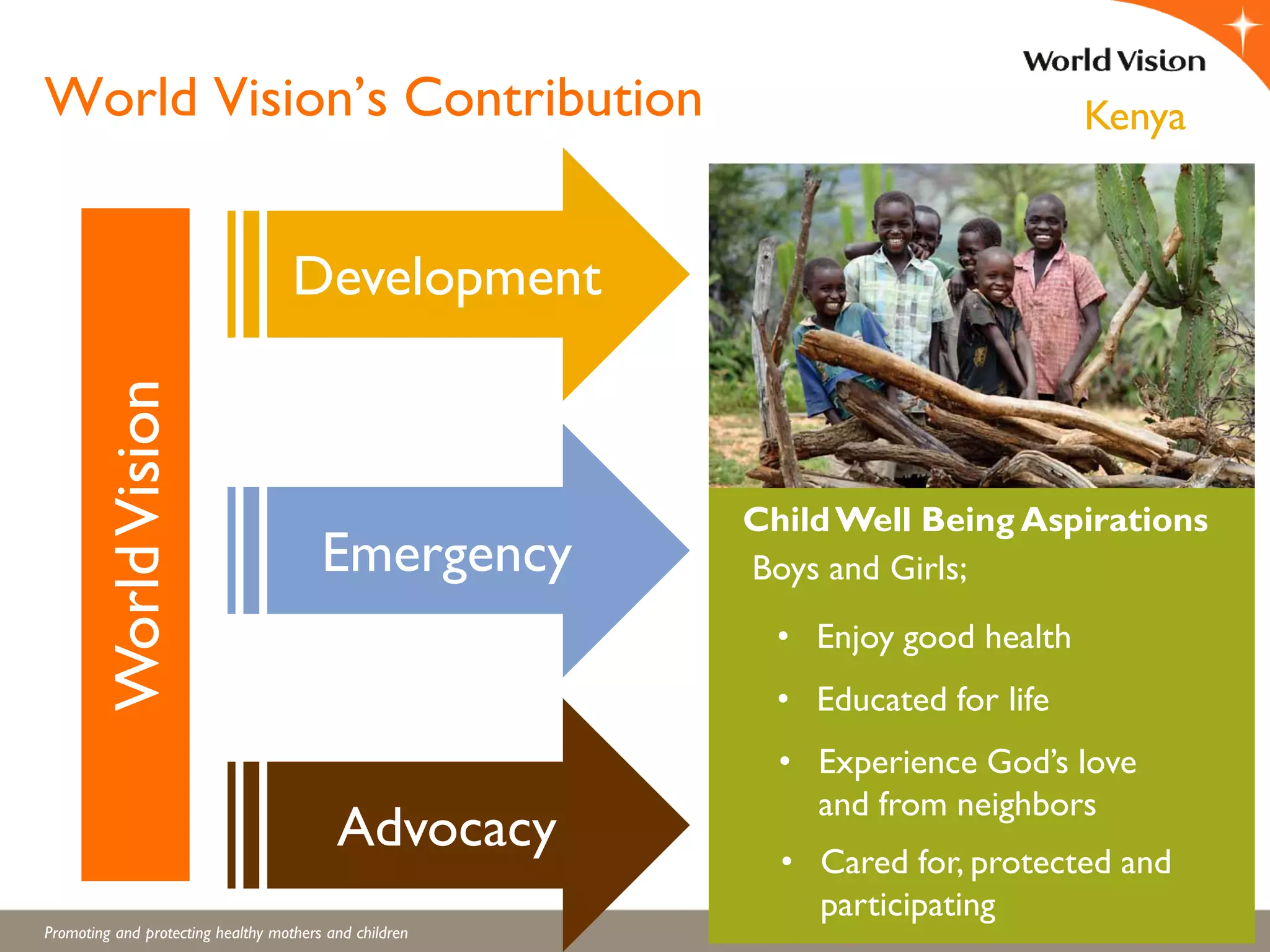 Promoting and protecting healthy mothers and children
World Vision’s Contribution
WorldVision
Development
Emergency
Advocacy
ChildWell Being Aspirations
• Enjoy good health
• Educated for life
• Experience God’s love
and from neighbors
• Cared for, protected and
participating
Kenya
Boys and Girls;
 