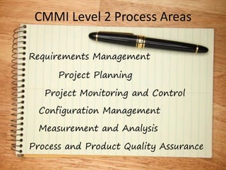 CMMI Level 2 Process Areas

Requirements Management

      Project Planning

   Project Monitoring and Control
  Configuration Management

  Measurement and Analysis

Process and Product Quality Assurance
 