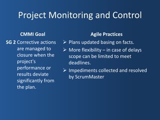 Project Monitoring and Control
       CMMI Goal                      Agile Practices
SG 2 Corrective actions    Plans updated basing on facts.
     are managed to        More flexibility – in case of delays
     closure when the       scope can be limited to meet
     project's              deadlines.
     performance or        Impediments collected and resolved
     results deviate        by ScrumMaster
     significantly from
     the plan.
 