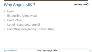 @doanduyhai http://goo.gl/gKxIHb
Why AngularJS ?!
•  Easy
•  Extensible (directives)
•  Productive
•  Lot of resources/tutorial
•  Bootstrap integration (UI-bootstrap)
12
 
