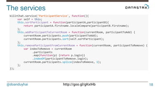 @doanduyhai http://goo.gl/gKxIHb
The services!
18
killrChat.service('ParticipantService',5function(){5
55555var5self5=5this;5
55555this.sortParticipant5=5function(participantA,participantB){5
555555555return5participantA.firstname.localeCompare(participantB.firstname);5
55555};5
55555this.addParticipantToCurrentRoom5=5function(currentRoom,5participantToAdd)5{5
555555555currentRoom.participants.push(participantToAdd);5
555555555currentRoom.participants.sort(self.sortParticipant);5
55555};5
55555this.removeParticipantFromCurrentRoom5=5function(currentRoom,5participantToRemove)5{5
555555555var5indexToRemove5=5currentRoom5
55 5 .participants5
55 5 .map(function(p)5{return5p.login})5
55 5 .indexOf(participantToRemove.login);5
555555555currentRoom.participants.splice(indexToRemove,51);5
55555};5
});5
 
