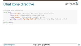 @doanduyhai http://goo.gl/gKxIHb
Chat zone directive!
31
<!##Chat(Main(Section##>(
<chat#zone((
( state="state"(//Reference(to(parent(scope(state(object(
( user="user"(//Reference(to($rootScope.user(
( home="home()"((//Reference(to(home()(method(
( get#light#model="getLightModel()"//Reference(to(getLightModel()(method(
>(
</chat#zone>(
 