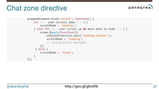 @doanduyhai http://goo.gl/gKxIHb
Chat zone directive!
37
!!!!!!!!!!!!!wrappedElement.bind('scroll',!function()!{!
!!!!!!!!!!!!!!!!!if(!<!<<!user!scrolls!down!<<>!)!{!
!!!!!!!!!!!!!!!!!!!!!scrollMode!=!'display';!
!!!!!!!!!!!!!!!!!}!else!if(!<!<<!user!scroll!up!&&!more!data!to!load!<<>!)!{!
!!!!!!!!!!!!!!!!!!!!!scope.$apply(function(){!
!!!!!!!!!!!!!!!!!!!!!!!!!usSpinnerService.spin('loading<spinner');!
!!!!!!!!!!!!!!!!!!!!!!!!!scrollMode!=!'loading';!
!!!!!!!!!!!!!!!!!!!!!!!!!//!load!previous!messages!
!!!!!!!!!!!!!!!!!!!!!});!
!!!!!!!!!!!!!!!!!!}!else!{!
!!!!!!!!!!!!!!!!!!!!!scrollMode!=!'fixed';!
!!!!!!!!!!!!!!!!!}!
!!!!!!!!!!!!!});!
 