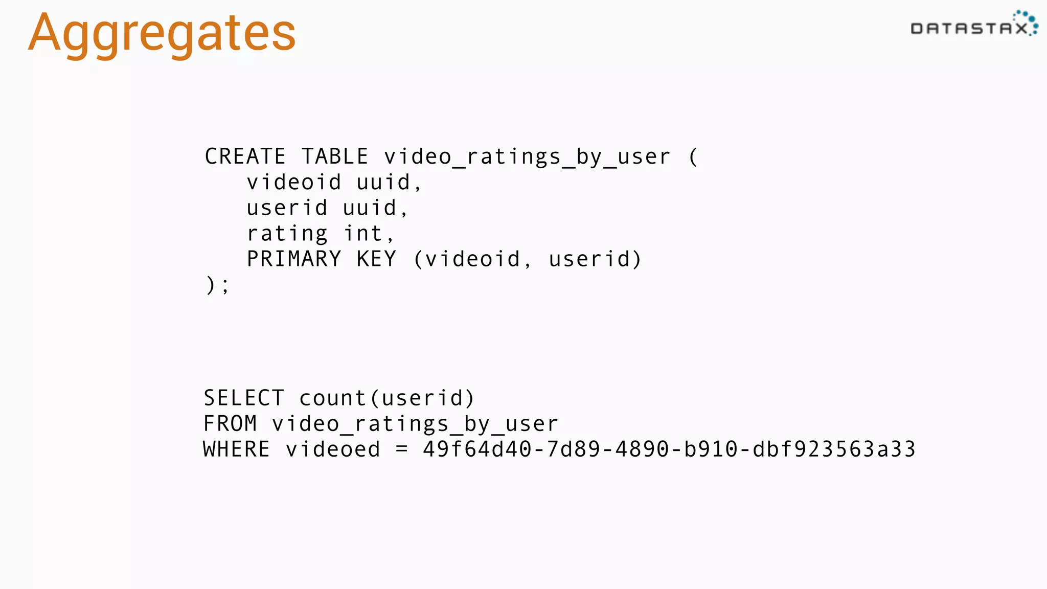 Aggregates
CREATE TABLE video_ratings_by_user (
videoid uuid,
userid uuid,
rating int,
PRIMARY KEY (videoid, userid)
);
SELECT count(userid)
FROM video_ratings_by_user
WHERE videoed = 49f64d40-7d89-4890-b910-dbf923563a33
 