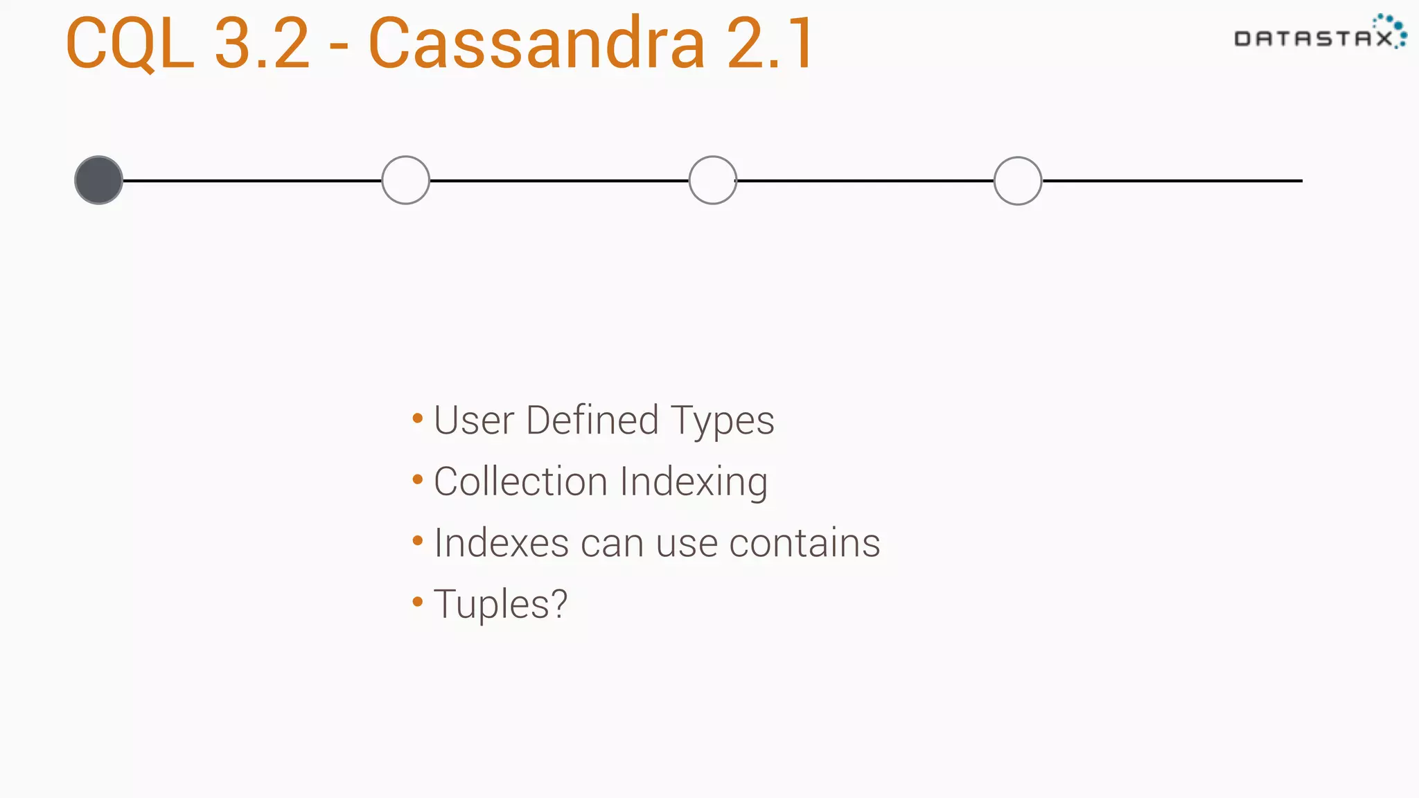 CQL 3.2 - Cassandra 2.1
• User Defined Types
• Collection Indexing
• Indexes can use contains
• Tuples?
 
