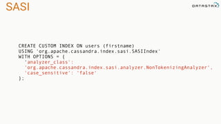 SASI
CREATE CUSTOM INDEX ON users (firstname)
USING 'org.apache.cassandra.index.sasi.SASIIndex'
WITH OPTIONS = {
'analyzer_class':
'org.apache.cassandra.index.sasi.analyzer.NonTokenizingAnalyzer',
'case_sensitive': 'false'
};
 