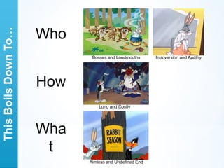 This Boils Down To…

                      Who
                             Bosses and Loudmouths      Introversion and Apathy




                      How
                                Long and Costly




                      Wha
                       t
                            Aimless and Undefined End
 