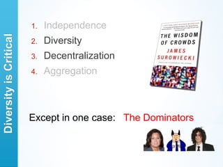 1.   Independence
Diversity is Critical

                        2.   Diversity
                        3.   Decentralization
                        4.   Aggregation



                        Except in one case: The Dominators
 