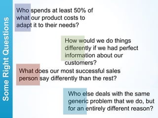 Who spends at least 50% of
                       what our product costs to
Some Right Questions

                       adapt it to their needs?

                                        How would we do things
                                        differently if we had perfect
                                        information about our
                                        customers?
                       What does our most successful sales
                       person say differently than the rest?

                                         Who else deals with the same
                                         generic problem that we do, but
                                         for an entirely different reason?
 