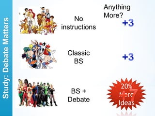 Anything
                                       More?
                             No
Study: Debate Matters

                        instructions


                          Classic
                            BS


                                            20%
                           BS +            More
                          Debate           Ideas
 