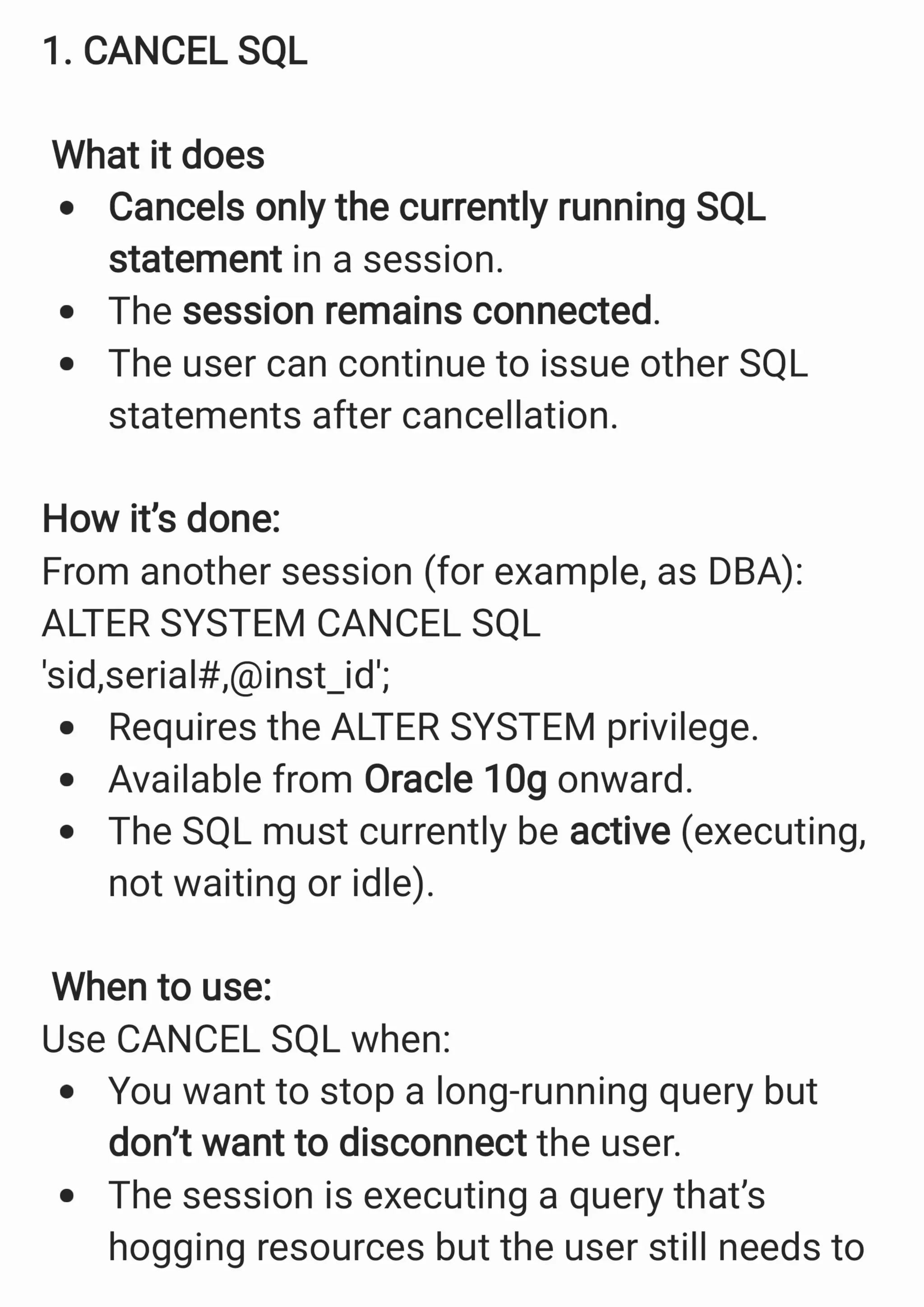 Kill a Session Vs. Cancel a SQL in Oracle Database
