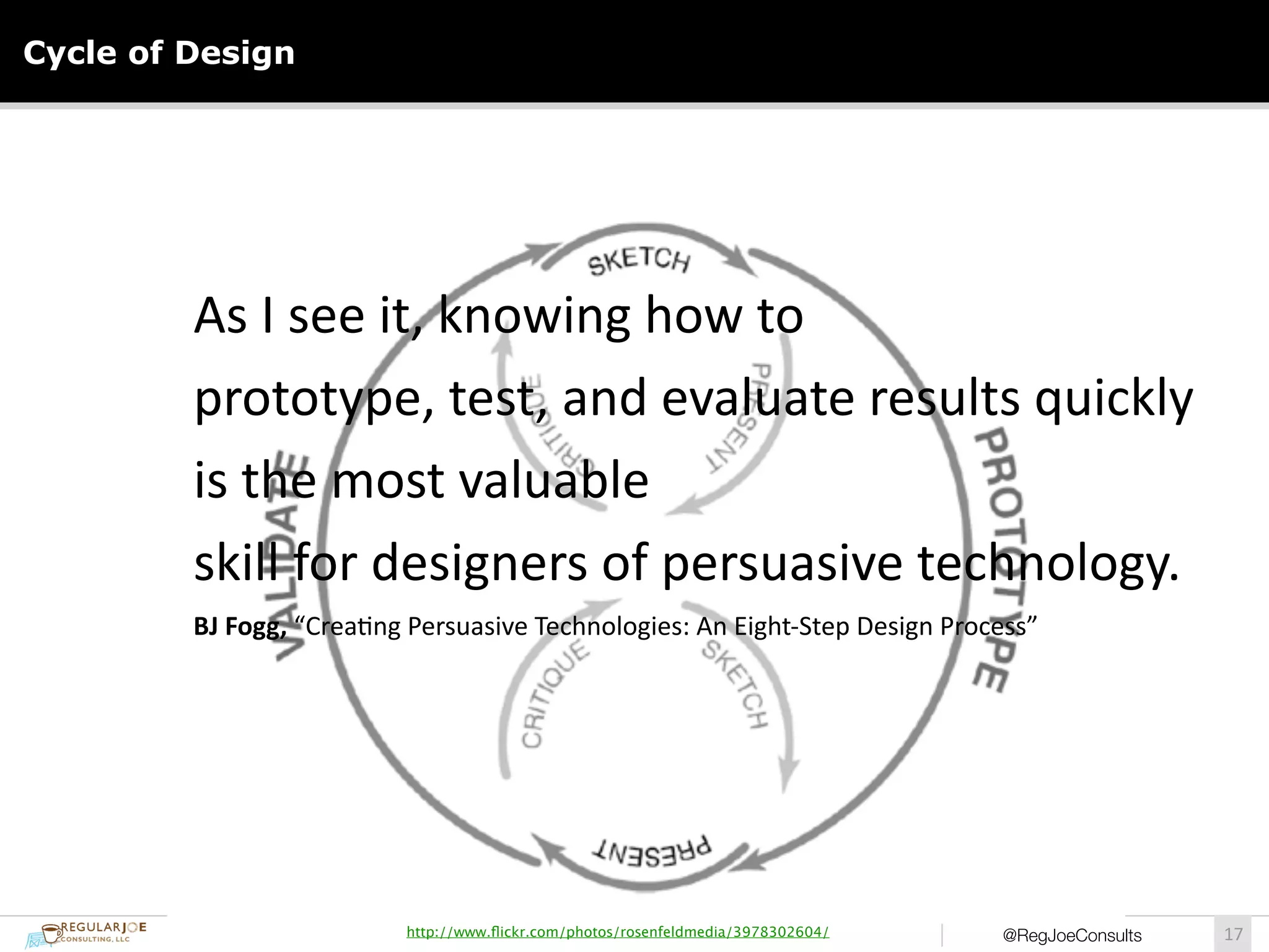 As 
I 
see 
it, 
knowing 
how 
to 
prototype, 
test, 
and 
evaluate 
results 
quickly 
is 
the 
most 
valuable 
skill 
for 
designers 
of 
persuasive 
technology. 
BJ 
Fogg, 
“Crea)ng 
Persuasive 
Technologies: 
An 
Eight-­‐Step 
Design 
Process” 
http://www.flickr.com/photos/rosenfeldmedia/3978302604/ @RegJoeConsultsI17 
Cycle of Design 
 