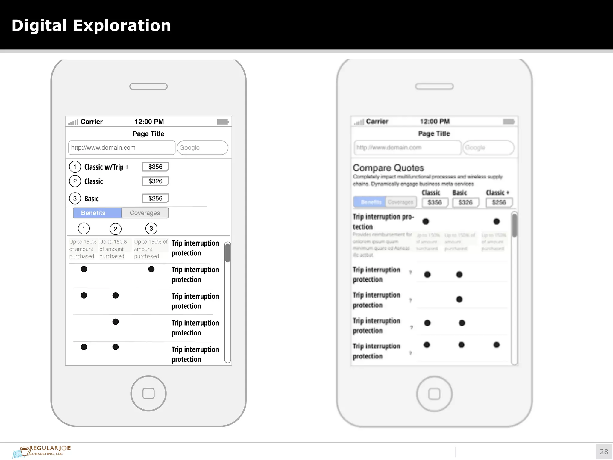 Digital Exploration 
!28 
Carrier 12:00 PM 
Page Title 
http://www.domain.com Google 
1 Classic w/Trip + 
2 Classic 
3 Basic 
Benefits Coverages 
Up to 150% 
of amount 
purchased 
Up to 150% 
of amount 
purchased 
$356 
$326 
$256 
Up to 150% of 
amount 
purchased 
Trip interruption 
protection 
Trip interruption 
protection 
Trip interruption 
protection 
Trip interruption 
protection 
Trip interruption 
protection 
1 2 3 
 
