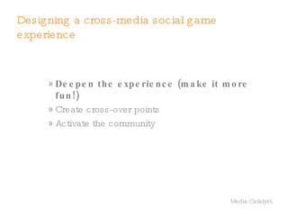The 4 Fun Keys 30 emotions from gameplay Putting Emotion into Play ™ XEODesign www.xeodesign.com © 2008 XEODesign, Inc. Hard Fun Fiero People Fun Amusement Easy Fun Curiosity Serious Fun Relaxation emotion < choice  < mechanic >  choice > emotion  whitepapers: xeodesign.com 