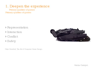 Designing a cross-media social game experience Deepen the experience (make it more fun!) Create cross-over points Activate the community 