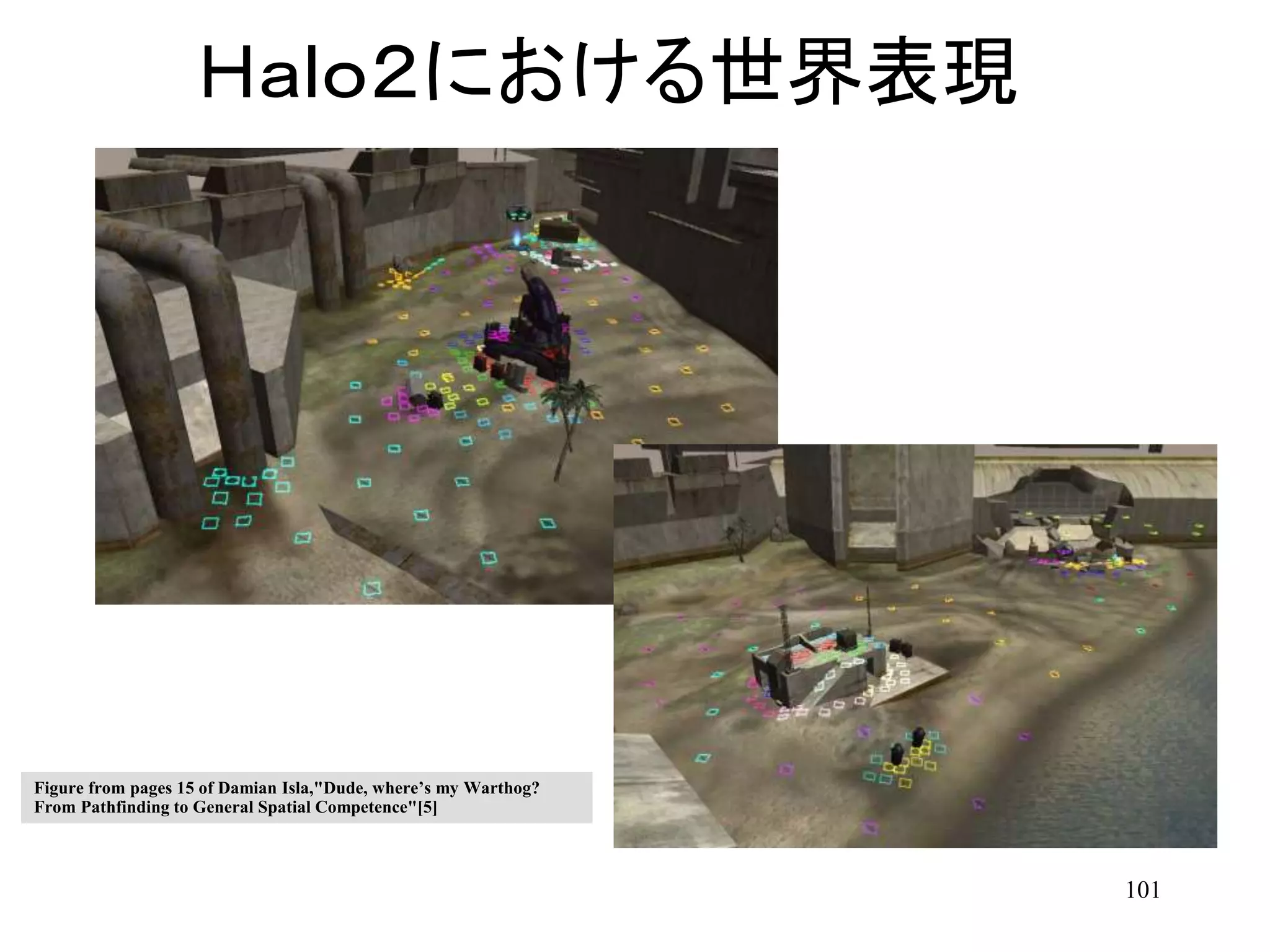 101
Ｈａｌｏ２における世界表現
Figure from pages 15 of Damian Isla,"Dude, where’s my Warthog?
From Pathfinding to General Spatial Competence"[5]
 