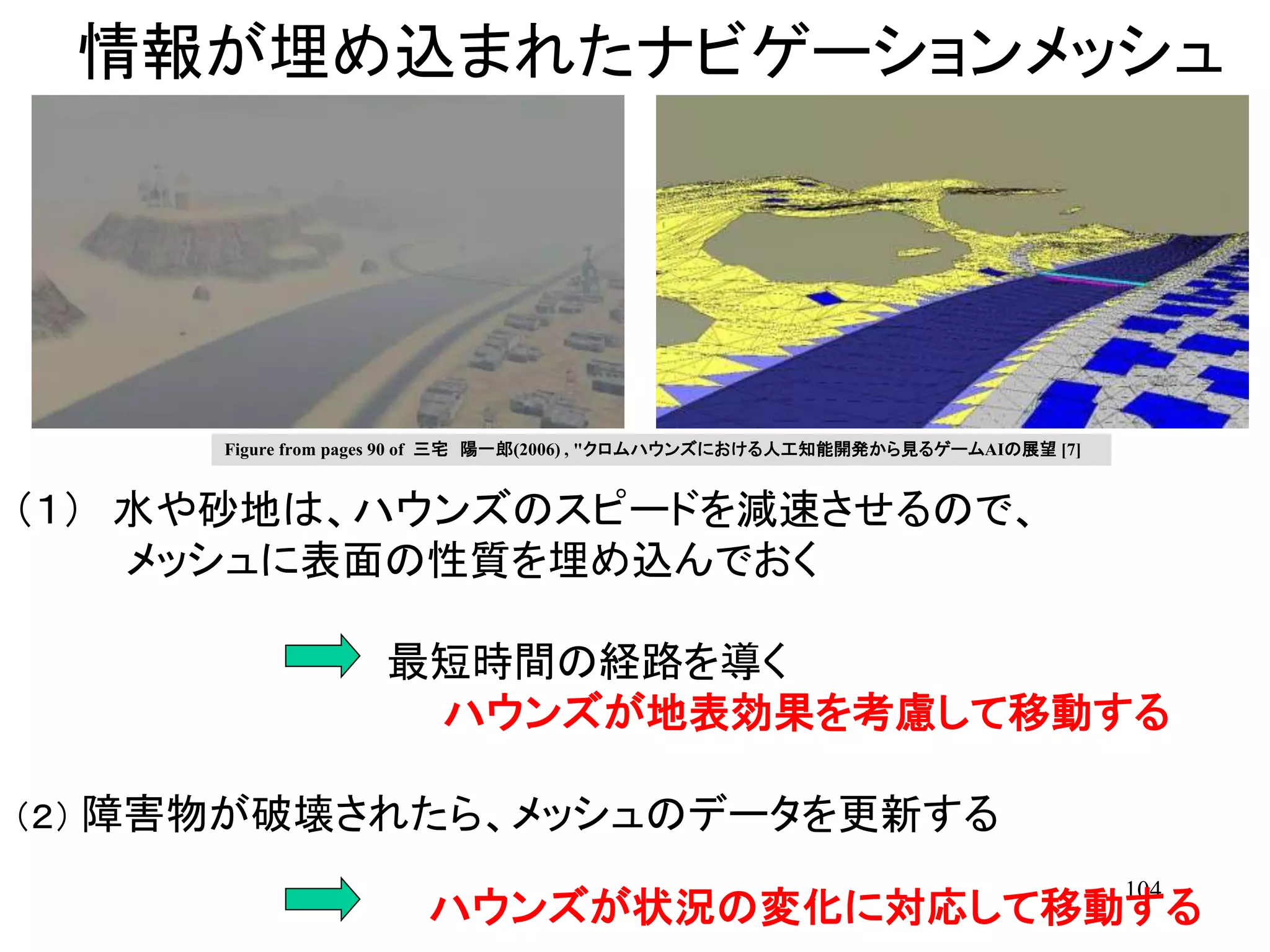 104
情報が埋め込まれたナビゲーションメッシュ
（１） 水や砂地は、ハウンズのスピードを減速させるので、
メッシュに表面の性質を埋め込んでおく
最短時間の経路を導く
ハウンズが地表効果を考慮して移動する
（２） 障害物が破壊されたら、メッシュのデータを更新する
ハウンズが状況の変化に対応して移動する
Figure from pages 90 of 三宅 陽一郎(2006) , "クロムハウンズにおける人工知能開発から見るゲームAIの展望 [7]
 