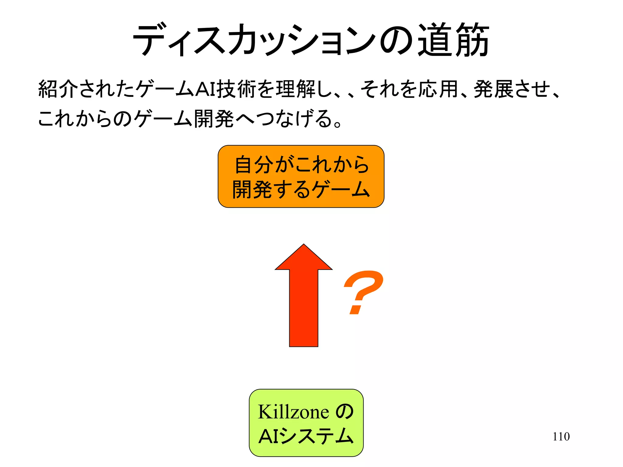 110
ディスカッションの道筋
紹介されたゲームＡＩ技術を理解し、、それを応用、発展させ、
これからのゲーム開発へつなげる。
Killzone の
ＡＩシステム
自分がこれから
開発するゲーム
？
 
