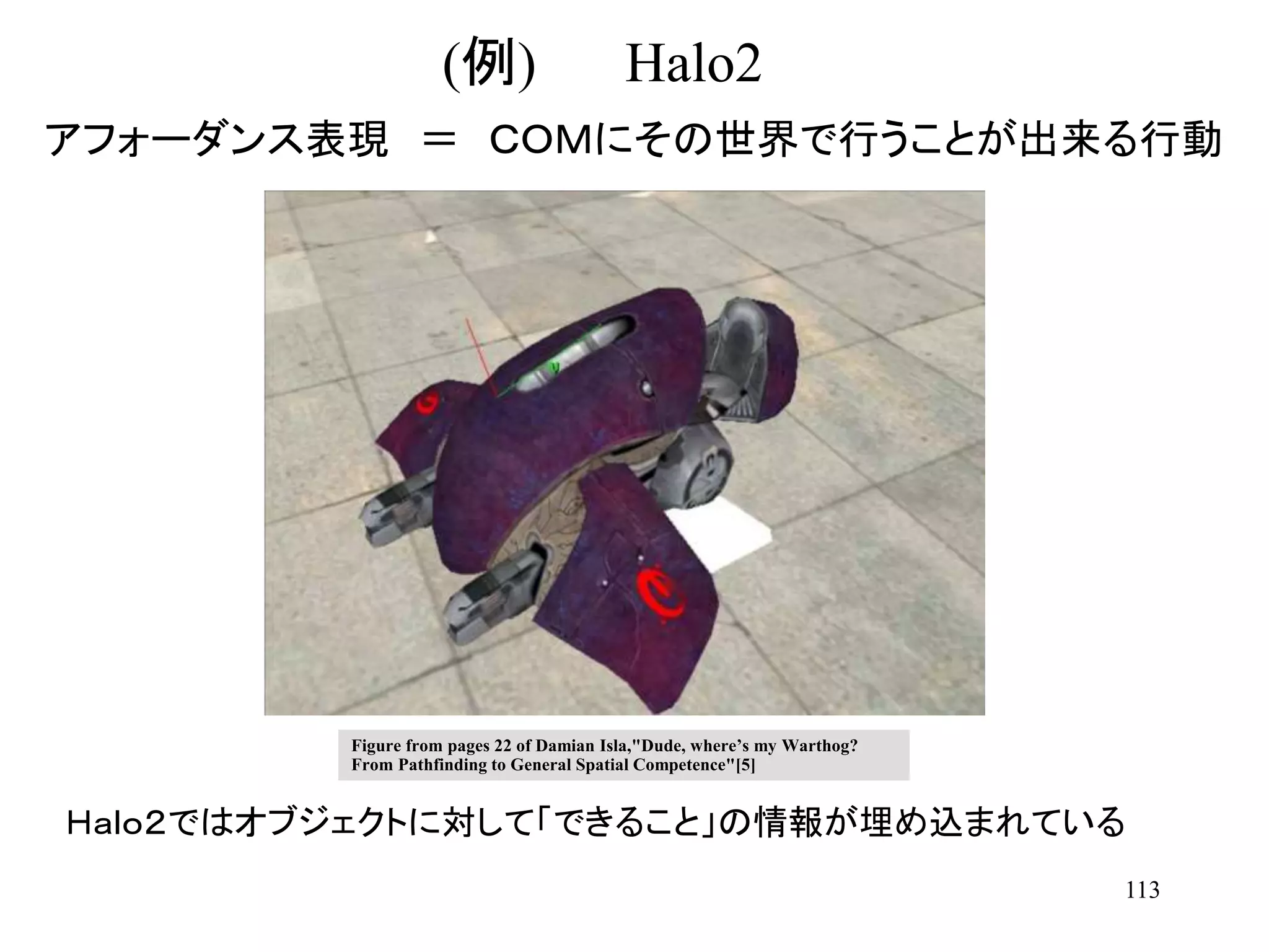 113
(例) Halo2
アフォーダンス表現 ＝ ＣＯＭにその世界で行うことが出来る行動
Ｈａｌｏ２ではオブジェクトに対して「できること」の情報が埋め込まれている
Figure from pages 22 of Damian Isla,"Dude, where’s my Warthog?
From Pathfinding to General Spatial Competence"[5]
 