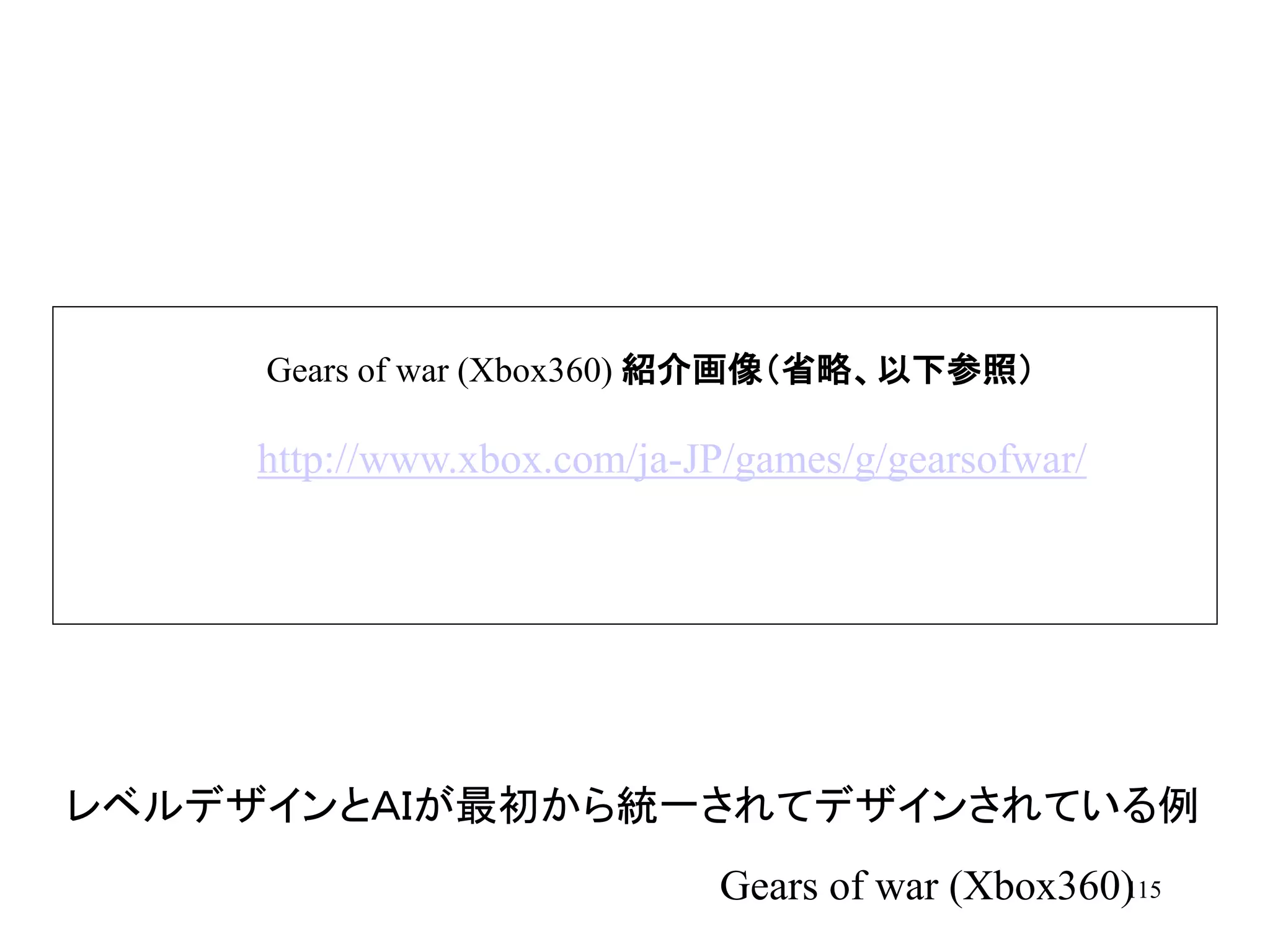 115
レベルデザインとＡＩが最初から統一されてデザインされている例
Gears of war (Xbox360)
Gears of war (Xbox360) 紹介画像（省略、以下参照）
http://www.xbox.com/ja-JP/games/g/gearsofwar/
 
