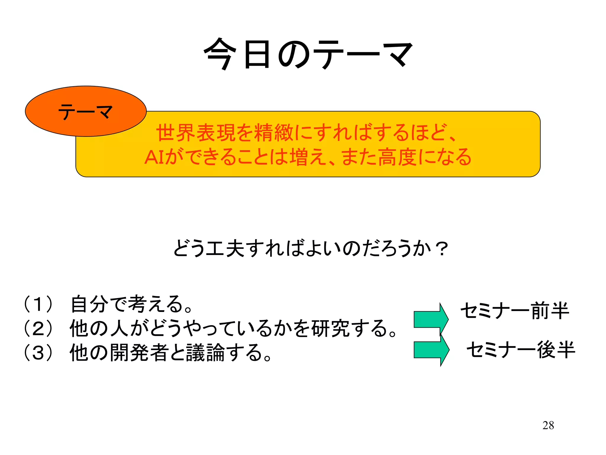 28
今日のテーマ
世界表現を精緻にすればするほど、
ＡＩができることは増え、また高度になる
どう工夫すればよいのだろうか？
（１） 自分で考える。
（２） 他の人がどうやっているかを研究する。
（３） 他の開発者と議論する。
セミナー前半
セミナー後半
テーマ
 