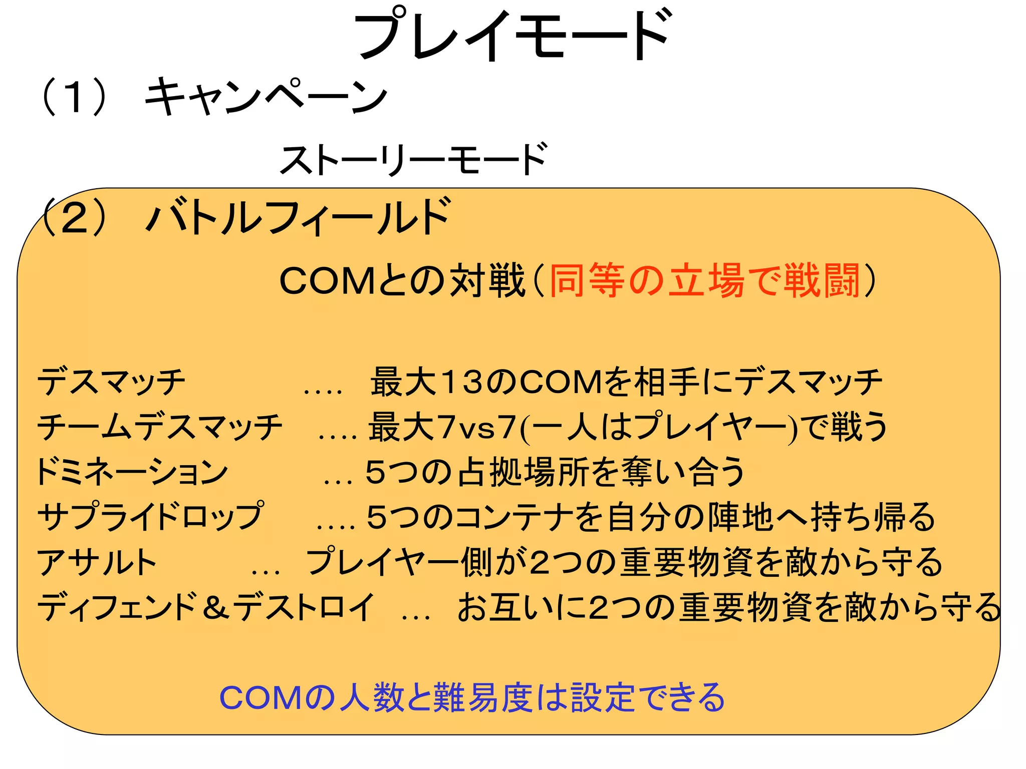 35
プレイモード
（１） キャンペーン
ストーリーモード
（２） バトルフィールド
ＣＯＭとの対戦（同等の立場で戦闘）
デスマッチ …. 最大１３のＣＯＭを相手にデスマッチ
チームデスマッチ …. 最大７ｖｓ７(一人はプレイヤー)で戦う
ドミネーション … ５つの占拠場所を奪い合う
サプライドロップ …. ５つのコンテナを自分の陣地へ持ち帰る
アサルト … プレイヤー側が２つの重要物資を敵から守る
ディフェンド＆デストロイ … お互いに２つの重要物資を敵から守る
ＣＯＭの人数と難易度は設定できる
 