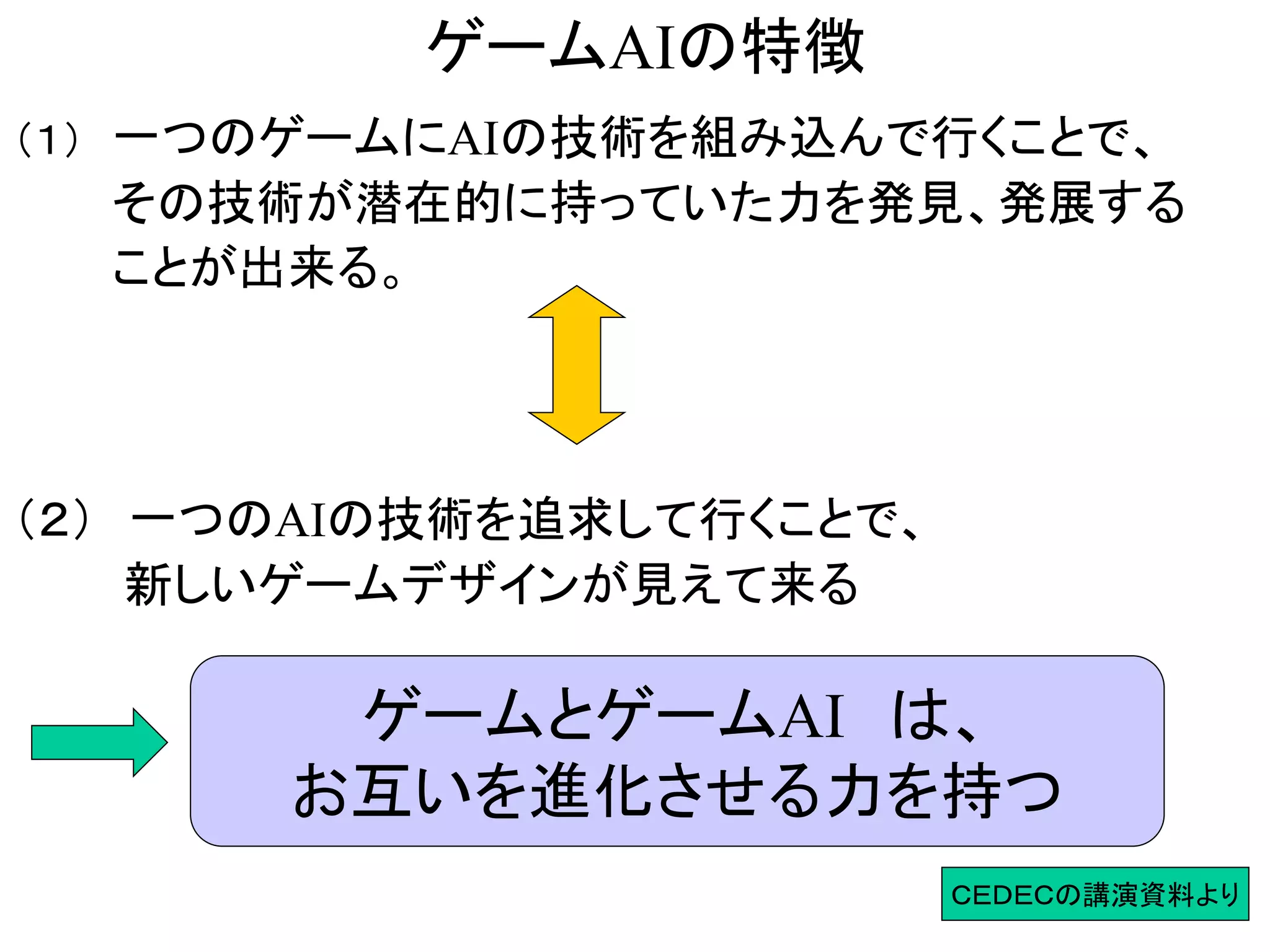 6
ゲームAIの特徴
（１） 一つのゲームにAIの技術を組み込んで行くことで、
その技術が潜在的に持っていた力を発見、発展する
ことが出来る。
（２） 一つのAIの技術を追求して行くことで、
新しいゲームデザインが見えて来る
ゲームとゲームAI は、
お互いを進化させる力を持つ
ＣＥＤＥＣの講演資料より
 