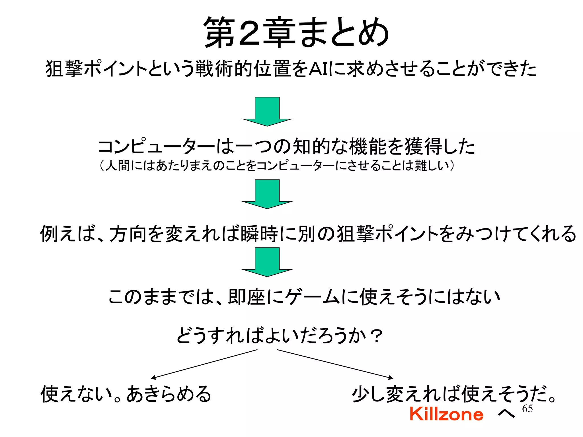 65
第２章まとめ
狙撃ポイントという戦術的位置をＡＩに求めさせることができた
例えば、方向を変えれば瞬時に別の狙撃ポイントをみつけてくれる
コンピューターは一つの知的な機能を獲得した
（人間にはあたりまえのことをコンピューターにさせることは難しい）
このままでは、即座にゲームに使えそうにはない
どうすればよいだろうか？
使えない。あきらめる 少し変えれば使えそうだ。
Ｋｉｌｌｚｏｎｅ へ
 