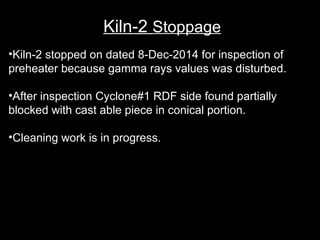 Kiln-2 Stoppage 
•Kiln-2 stopped on dated 8-Dec-2014 for inspection of 
preheater because gamma rays values was disturbed. 
•After inspection Cyclone#1 RDF side found partially 
blocked with cast able piece in conical portion. 
•Cleaning work is in progress. 
