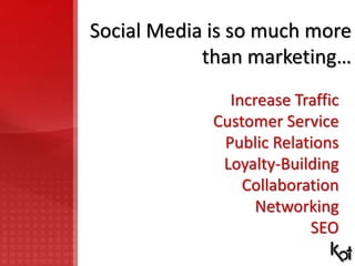 Social Media is so much more
than marketing…
Increase Traffic
Customer Service
Public Relations
Loyalty-Building
Collabora...