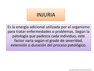 INJURIA
Es la energía adicional utilizada por el organismo
para tratar enfermedades o problemas. Según la
patología que padezca cada individuo, este
factor varia según el grado de severidad,
extensión o duración del proceso patológico.
http://www.zonadiet.com/alimentacion/calorias.htm
 