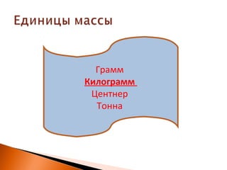 Грамм
Килограмм
Центнер
Тонна
 