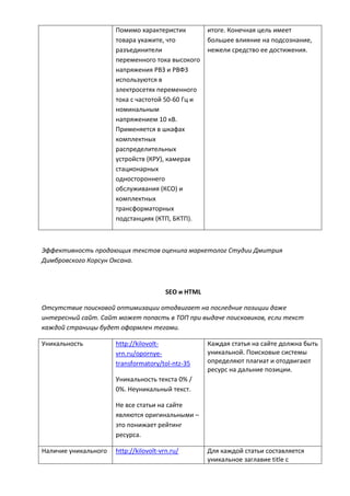 Помимо характеристик
товара укажите, что
разъединители
переменного тока высокого
напряжения РВЗ и РВФЗ
используются в
электросетях переменного
тока с частотой 50-60 Гц и
номинальным
напряжением 10 кВ.
Применяется в шкафах
комплектных
распределительных
устройств (КРУ), камерах
стационарных
одностороннего
обслуживания (КСО) и
комплектных
трансформаторных
подстанциях (КТП, БКТП).
итоге. Конечная цель имеет
большее влияние на подсознание,
нежели средство ее достижения.
Эффективность продающих текстов оценила маркетолог Студии Дмитрия
Димбровского Корсун Оксана.
SEO и HTML
Отсутствие поисковой оптимизации отодвигает на последние позиции даже
интересный сайт. Сайт может попасть в ТОП при выдаче поисковиков, если текст
каждой страницы будет оформлен тегами.
Уникальность http://kilovolt-
vrn.ru/opornye-
transformatory/tol-ntz-35
Уникальность текста 0% /
0%. Неуникальный текст.
Не все статьи на сайте
являются оригинальными –
это понижает рейтинг
ресурса.
Каждая статья на сайте должна быть
уникальной. Поисковые системы
определяют плагиат и отодвигают
ресурс на дальние позиции.
Наличие уникального http://kilovolt-vrn.ru/ Для каждой статьи составляется
уникальное заглавие title с
 