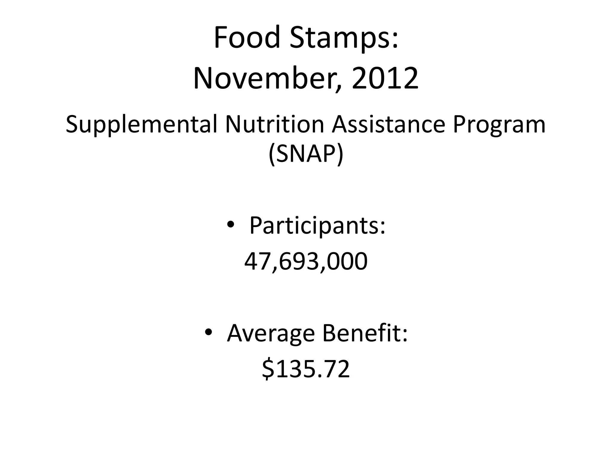 Food Stamps:
November, 2012
Supplemental Nutrition Assistance Program
(SNAP)
• Participants:
47,693,000
• Average Benefit:
$135.72
 