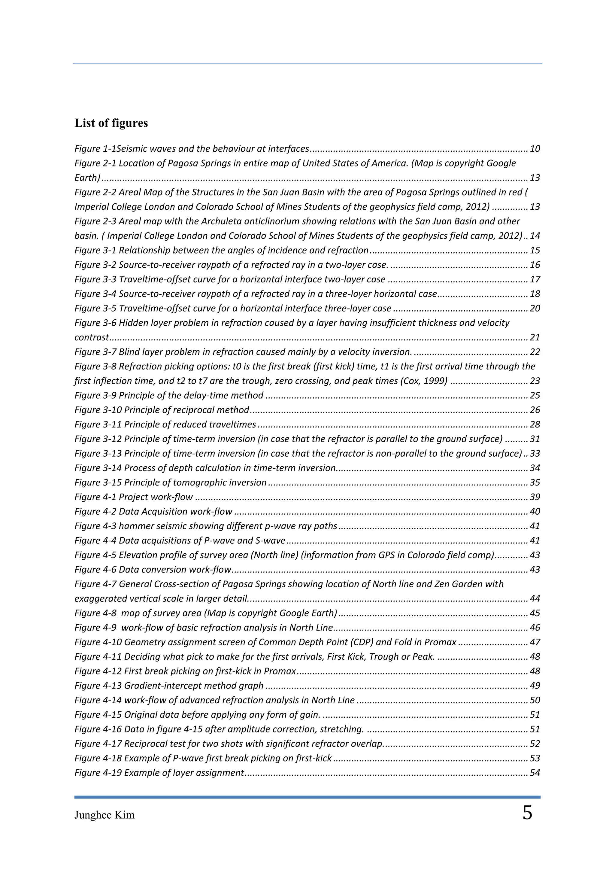 List of figures

Figure 1-1Seismic waves and the behaviour at interfaces .................................................................................... 10
Figure 2-1 Location of Pagosa Springs in entire map of United States of America. (Map is copyright Google
Earth) .................................................................................................................................................................... 13
Figure 2-2 Areal Map of the Structures in the San Juan Basin with the area of Pagosa Springs outlined in red (
Imperial College London and Colorado School of Mines Students of the geophysics field camp, 2012) .............. 13
Figure 2-3 Areal map with the Archuleta anticlinorium showing relations with the San Juan Basin and other
basin. ( Imperial College London and Colorado School of Mines Students of the geophysics field camp, 2012) .. 14
Figure 3-1 Relationship between the angles of incidence and refraction ............................................................. 15
Figure 3-2 Source-to-receiver raypath of a refracted ray in a two-layer case. ..................................................... 16
Figure 3-3 Traveltime-offset curve for a horizontal interface two-layer case ...................................................... 17
Figure 3-4 Source-to-receiver raypath of a refracted ray in a three-layer horizontal case ................................... 18
Figure 3-5 Traveltime-offset curve for a horizontal interface three-layer case .................................................... 20
Figure 3-6 Hidden layer problem in refraction caused by a layer having insufficient thickness and velocity
contrast................................................................................................................................................................. 21
Figure 3-7 Blind layer problem in refraction caused mainly by a velocity inversion. ............................................ 22
Figure 3-8 Refraction picking options: t0 is the first break (first kick) time, t1 is the first arrival time through the
first inflection time, and t2 to t7 are the trough, zero crossing, and peak times (Cox, 1999) .............................. 23
Figure 3-9 Principle of the delay-time method ..................................................................................................... 25
Figure 3-10 Principle of reciprocal method ........................................................................................................... 26
Figure 3-11 Principle of reduced traveltimes ........................................................................................................ 28
Figure 3-12 Principle of time-term inversion (in case that the refractor is parallel to the ground surface) ......... 31
Figure 3-13 Principle of time-term inversion (in case that the refractor is non-parallel to the ground surface) .. 33
Figure 3-14 Process of depth calculation in time-term inversion.......................................................................... 34
Figure 3-15 Principle of tomographic inversion .................................................................................................... 35
Figure 4-1 Project work-flow ................................................................................................................................ 39
Figure 4-2 Data Acquisition work-flow ................................................................................................................. 40
Figure 4-3 hammer seismic showing different p-wave ray paths ......................................................................... 41
Figure 4-4 Data acquisitions of P-wave and S-wave ............................................................................................. 41
Figure 4-5 Elevation profile of survey area (North line) (information from GPS in Colorado field camp) ............. 43
Figure 4-6 Data conversion work-flow .................................................................................................................. 43
Figure 4-7 General Cross-section of Pagosa Springs showing location of North line and Zen Garden with
exaggerated vertical scale in larger detail. ........................................................................................................... 44
Figure 4-8 map of survey area (Map is copyright Google Earth) ......................................................................... 45
Figure 4-9 work-flow of basic refraction analysis in North Line........................................................................... 46
Figure 4-10 Geometry assignment screen of Common Depth Point (CDP) and Fold in Promax ........................... 47
Figure 4-11 Deciding what pick to make for the first arrivals, First Kick, Trough or Peak. ................................... 48
Figure 4-12 First break picking on first-kick in Promax ......................................................................................... 48
Figure 4-13 Gradient-intercept method graph ..................................................................................................... 49
Figure 4-14 work-flow of advanced refraction analysis in North Line .................................................................. 50
Figure 4-15 Original data before applying any form of gain. ............................................................................... 51
Figure 4-16 Data in figure 4-15 after amplitude correction, stretching. .............................................................. 51
Figure 4-17 Reciprocal test for two shots with significant refractor overlap. ....................................................... 52
Figure 4-18 Example of P-wave first break picking on first-kick ........................................................................... 53
Figure 4-19 Example of layer assignment ............................................................................................................. 54



Junghee Kim                                                                                                                                                            5
 