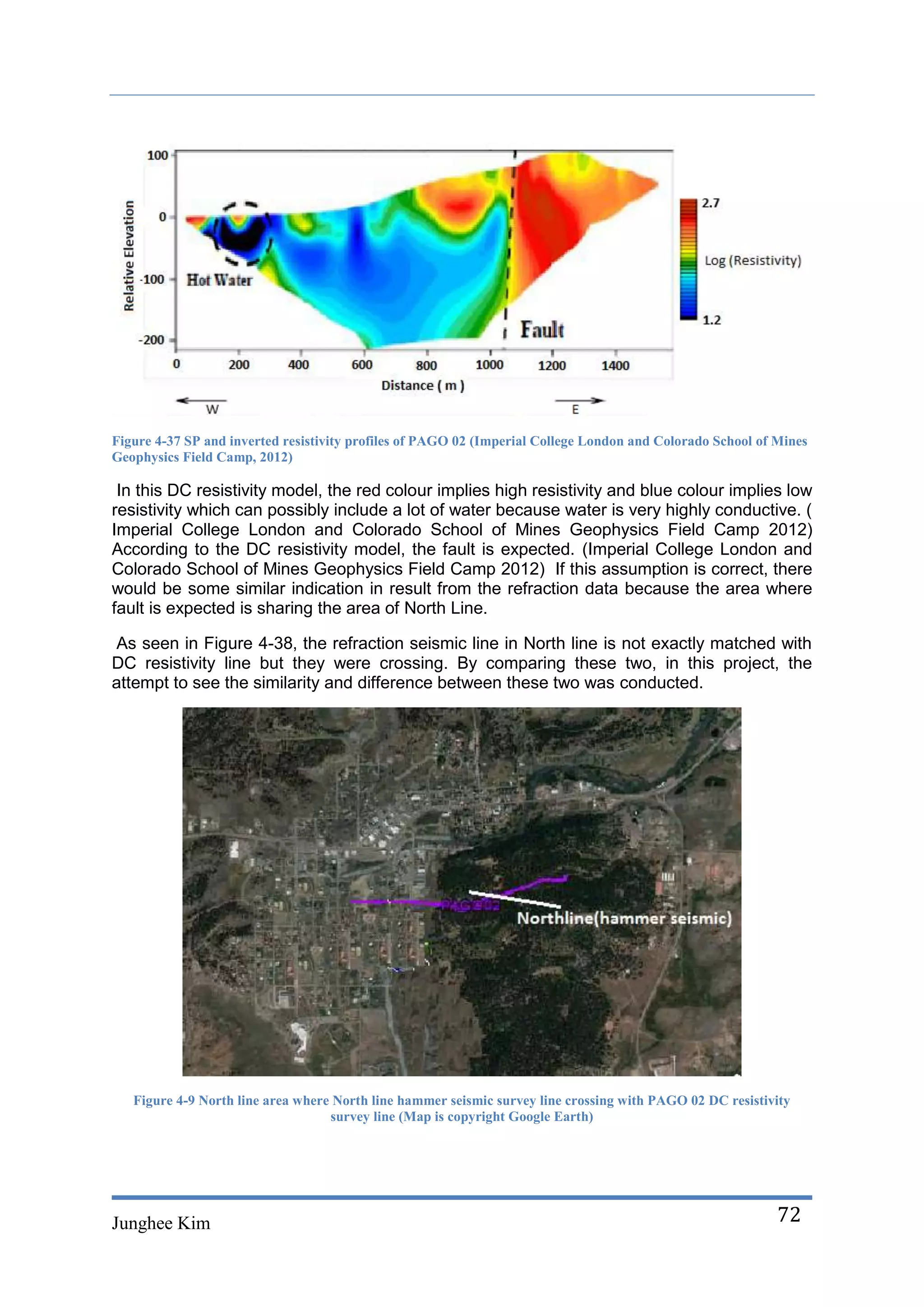 Figure 4-37 SP and inverted resistivity profiles of PAGO 02 (Imperial College London and Colorado School of Mines
Geophysics Field Camp, 2012)

 In this DC resistivity model, the red colour implies high resistivity and blue colour implies low
resistivity which can possibly include a lot of water because water is very highly conductive. (
Imperial College London and Colorado School of Mines Geophysics Field Camp 2012)
According to the DC resistivity model, the fault is expected. (Imperial College London and
Colorado School of Mines Geophysics Field Camp 2012) If this assumption is correct, there
would be some similar indication in result from the refraction data because the area where
fault is expected is sharing the area of North Line.

As seen in Figure 4-38, the refraction seismic line in North line is not exactly matched with
DC resistivity line but they were crossing. By comparing these two, in this project, the
attempt to see the similarity and difference between these two was conducted.




   Figure 4-9 North line area where North line hammer seismic survey line crossing with PAGO 02 DC resistivity
                                   survey line (Map is copyright Google Earth)




Junghee Kim                                                                                                 72
 