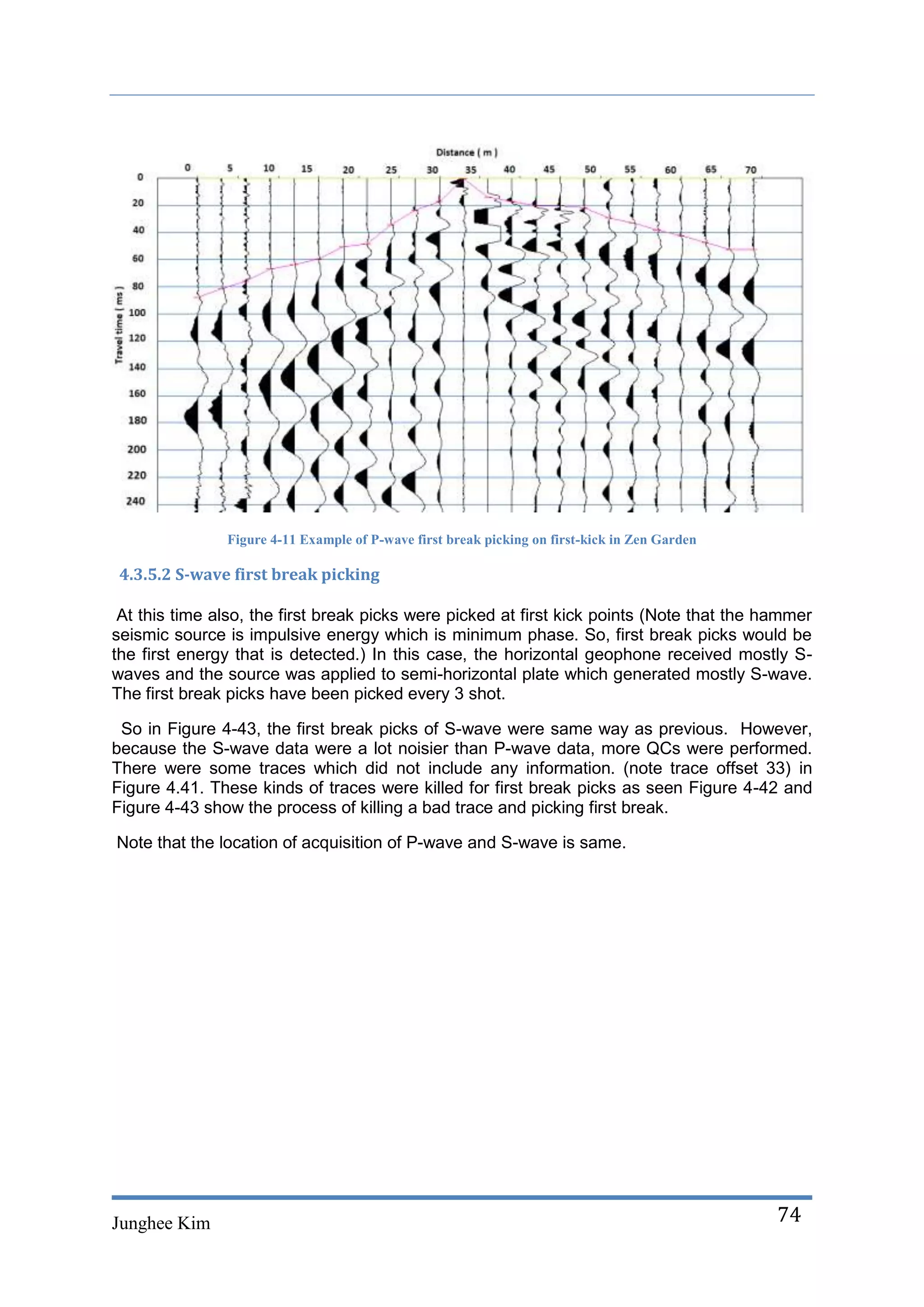 Figure 4-11 Example of P-wave first break picking on first-kick in Zen Garden

 4.3.5.2 S-wave first break picking

 At this time also, the first break picks were picked at first kick points (Note that the hammer
seismic source is impulsive energy which is minimum phase. So, first break picks would be
the first energy that is detected.) In this case, the horizontal geophone received mostly S-
waves and the source was applied to semi-horizontal plate which generated mostly S-wave.
The first break picks have been picked every 3 shot.

 So in Figure 4-43, the first break picks of S-wave were same way as previous. However,
because the S-wave data were a lot noisier than P-wave data, more QCs were performed.
There were some traces which did not include any information. (note trace offset 33) in
Figure 4.41. These kinds of traces were killed for first break picks as seen Figure 4-42 and
Figure 4-43 show the process of killing a bad trace and picking first break.

Note that the location of acquisition of P-wave and S-wave is same.




Junghee Kim                                                                                    74
 
