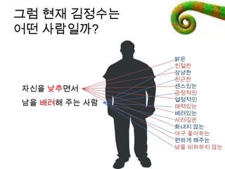 그럼 현재 깶정수는
어떤 사람일까?
밝은
친절한
상냥한
친근한
센스있는
긍정적인
열정적인
매력있는
배려있는
사려깊은
화내지 않는
야구 좋아하는
편하게 해주는
남을 비하하지 않는
자신을 낮추면서
남을 배려해 주는 사람
 