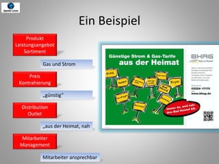 Ein Beispiel
Produkt
Leistungsangebot
Sortiment
Preis
Kontrahierung
Distribution
Outlet
Mitarbeiter
Management
Gas und Strom
„günstig“
Mitarbeiter ansprechbar
„aus der Heimat, nah
 